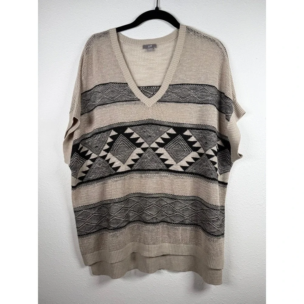 J. Jill Womens XS/S Linen Blend Tribal Geometric‎ Knit V-Neck Sweater Beige